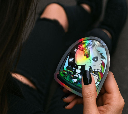 Gothic Skull Terrarium Sticker: Waterproof Oddities Art, Glossy or Holographic