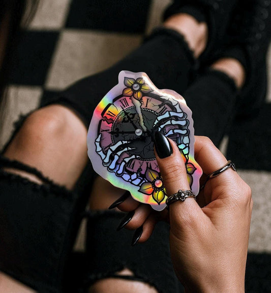 Broken Skeleton Clock Die Cut Waterproof Sticker—Timeless beauty with a gothic twist!