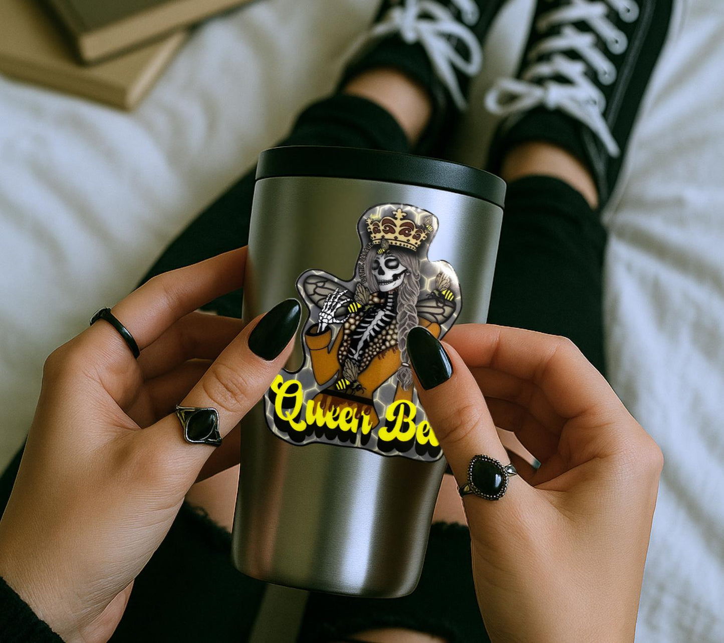 Gothic Queen Bee Skeleton Sticker: Waterproof Vinyl Decal