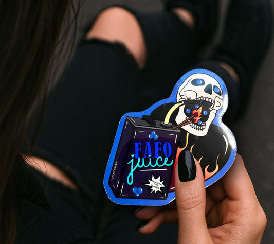 FAFO Juice Skull Sticker: Gothic Sarcasm, Waterproof Vinyl (Glossy or Holographic) Gothic Garage