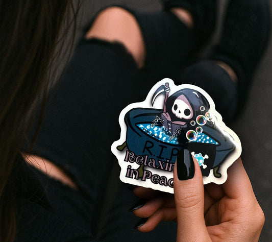 RIP Grim Reaper Waterproof Sticker: Gothic Humor, Glossy or Holographic Gothic Garage