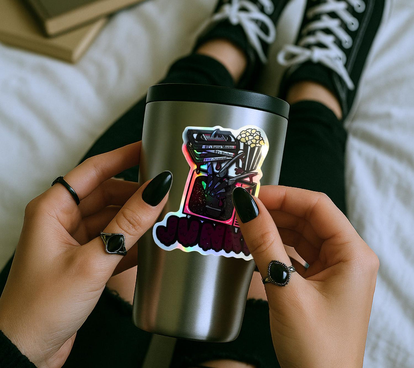 Retro Horror Junkie Sticker: Waterproof Die Cut, Glossy or Holographic