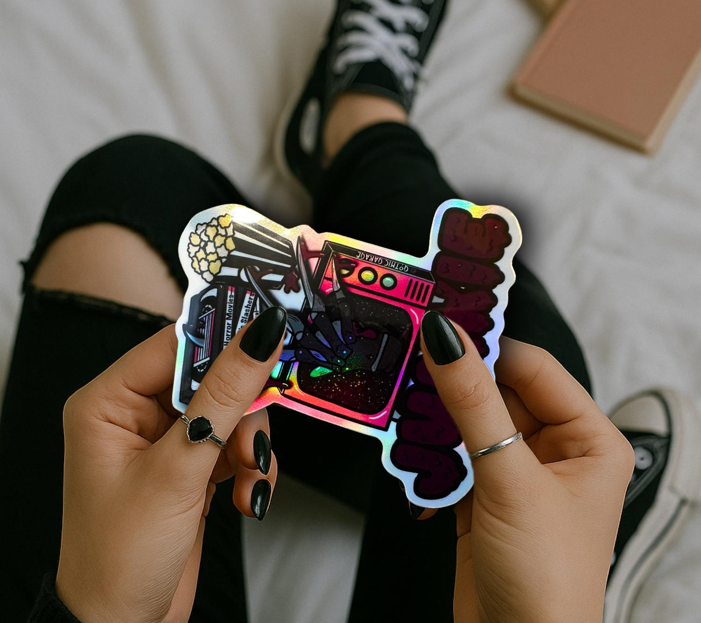 Retro Horror Junkie Sticker: Waterproof Die Cut, Glossy or Holographic