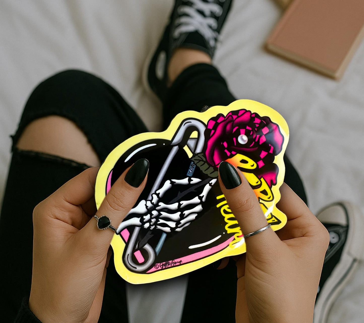 Rebel Heart Punk Sticker: Skeleton Hand, Rose, Safety Pin - Waterproof Die Cut