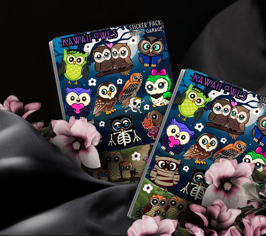 Cute Goth Owl Sticker Sheet – Spooky Woodland Vinyl Decals Gothic Garage