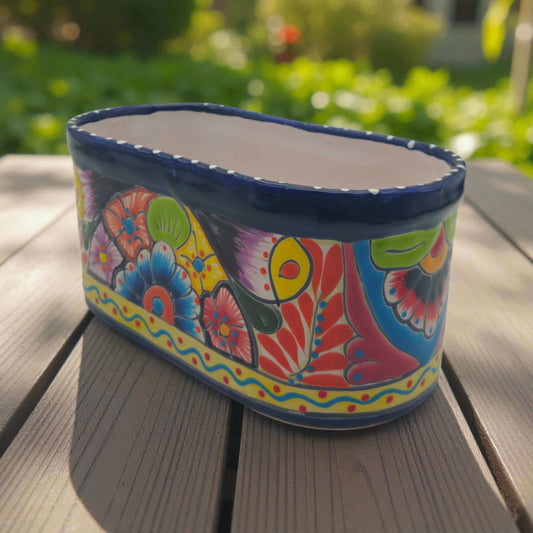 Oval Blue Rim Talavera Planter | Handcrafted Mexican Pot