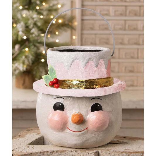 SMALL Pastel Holly Hat Snowman Bucket By Bethany Lowe Designs