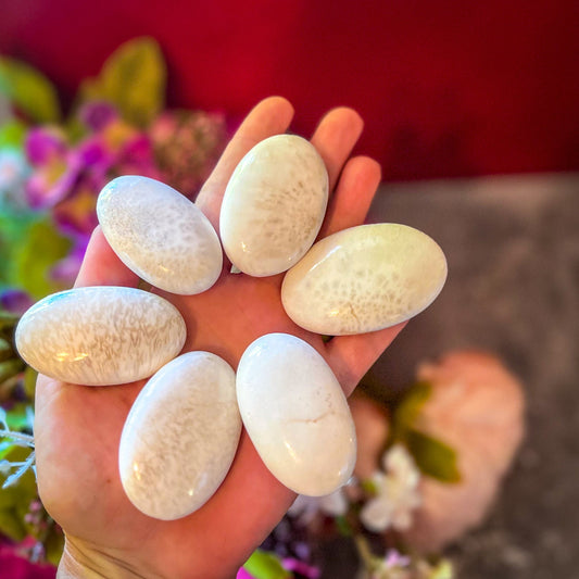 Scolecite Palmstones, Polished Scolecite Mandala Gems