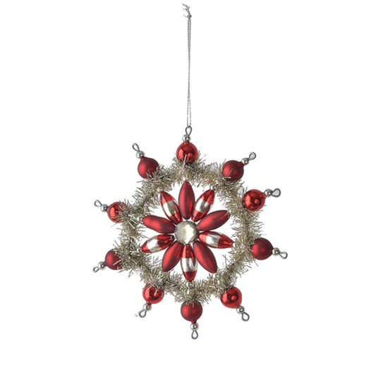 Vintage Style Glass & Tinsel Snowflake Ornament RED Quirks!