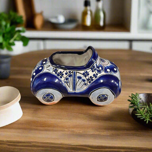 Talavera Car Planter | Small Blue & White Handmade Ceramic Pot