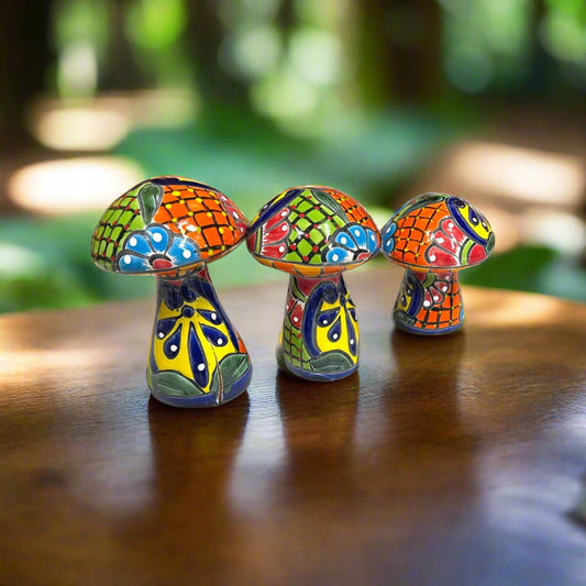 Talavera Mushroom Trio | Colorful Hand-Painted Mexican Garden Decor