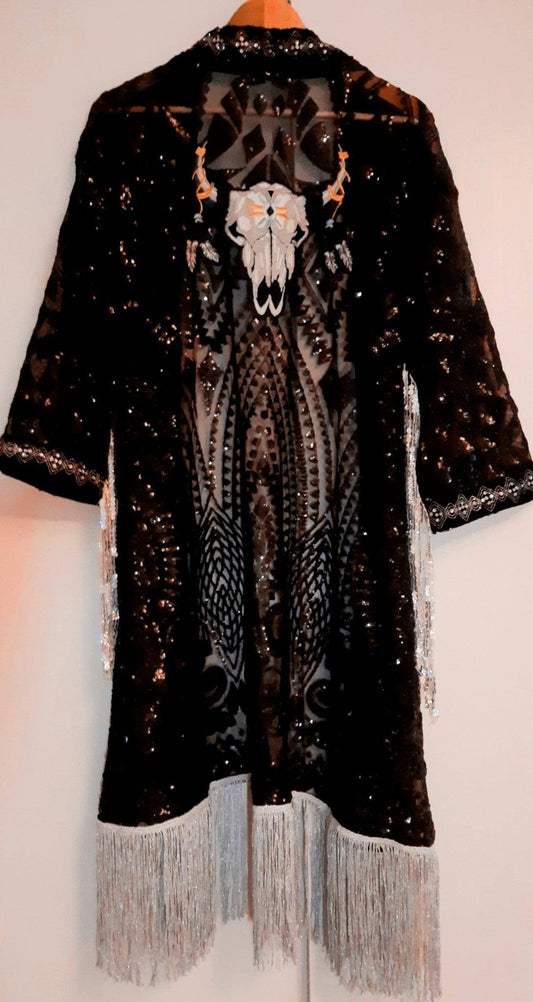 Luxury Men Sequin Kimono with Bull Skull appliqué - Rave Clothing and Festival Outfit