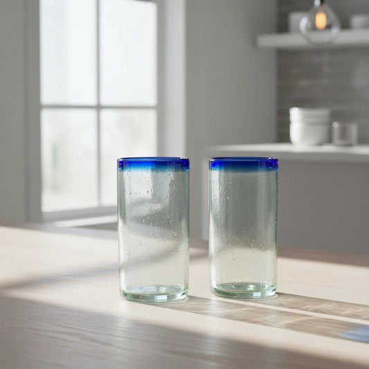 Mexican Blue Rim Tumbler | Hand-Blown Clear Glassware