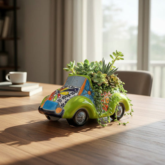 Colorful Hand-Painted Talavera Car Planter | Small Ceramic Car Statue