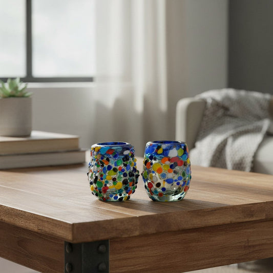 Confetti Rimmed Shot Glass | Hand-Blown Mexican Glassware with Blue Rim