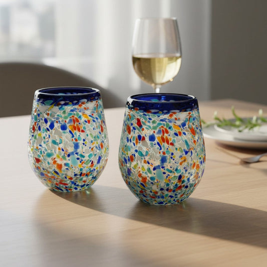 Blue Rim Confetti Wine Glass | Hand-Blown Mexican Stemless Cup