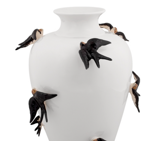 Large White Vase with handcrafted black swallows Fragola