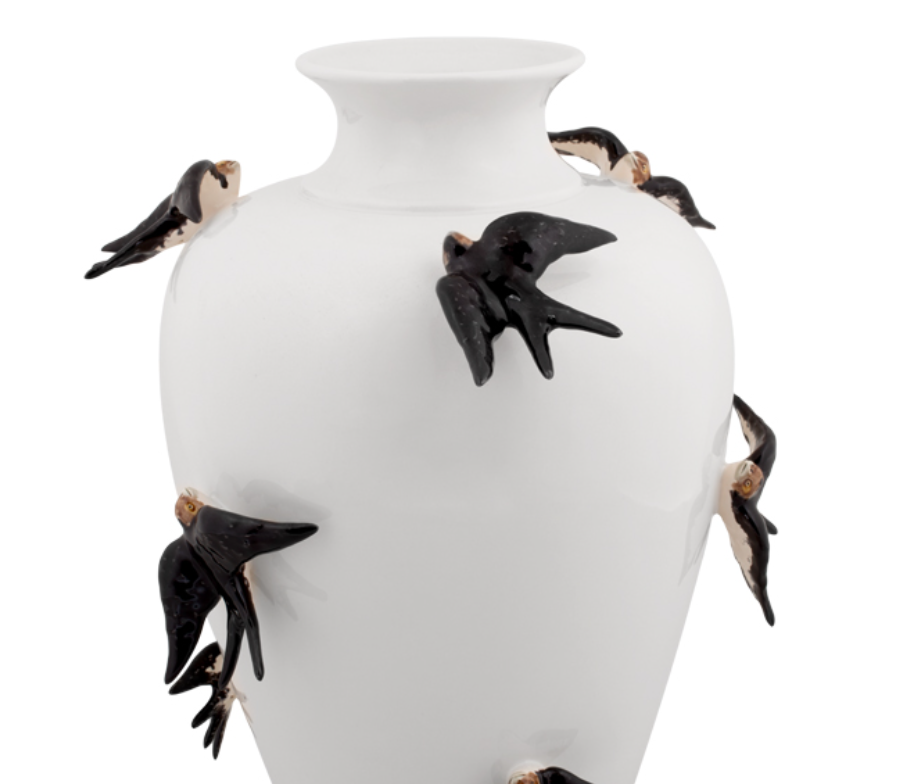 Large White Vase with handcrafted black swallows Fragola
