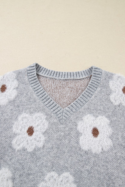 Gray Cute Flower Print V Neck Drop Shoulder Baggy Sweater