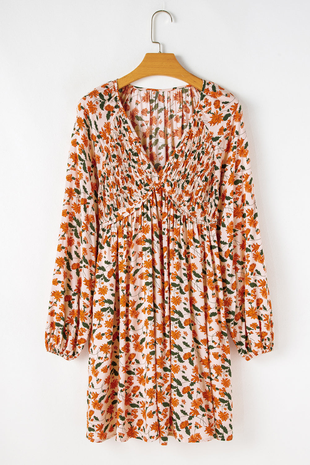 Beige Floral Smocked V Neck Bubble Sleeve Babydoll Dress Shewin