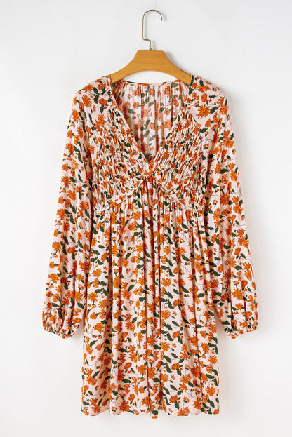 Beige Floral Smocked V Neck Bubble Sleeve Babydoll Dress Shewin