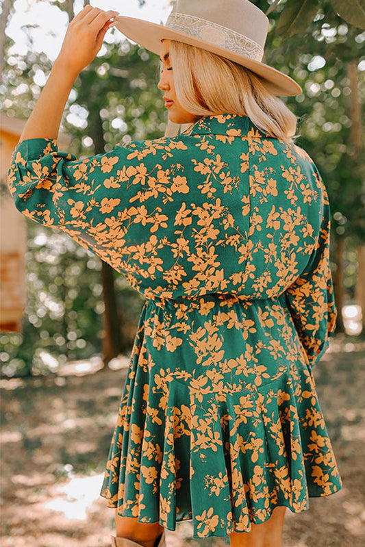 Green Floral Print Drawstring Flowy Short Dress Shewin