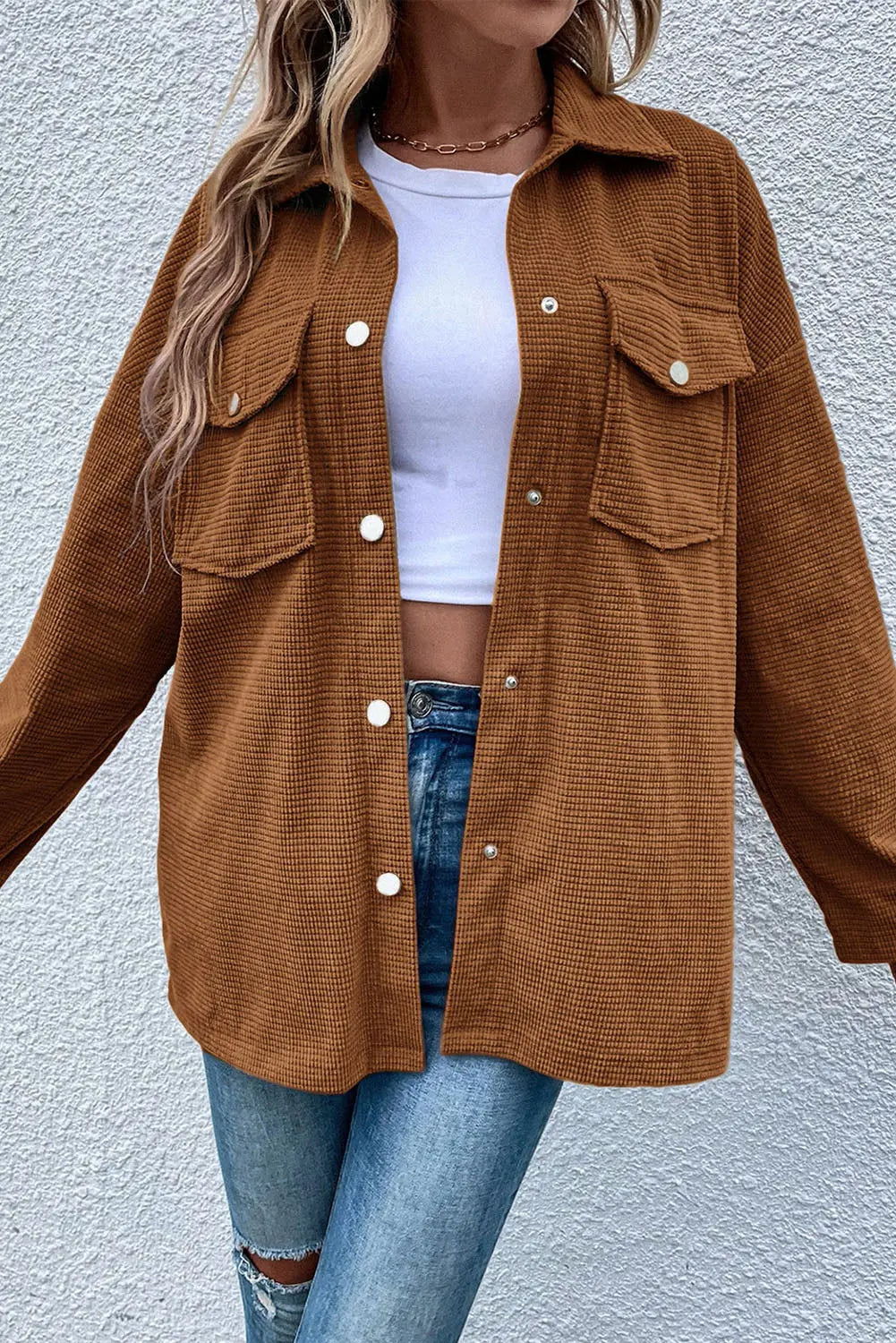 Brown Textured Flap Pocket Drop Shoulder Shacket Shewin