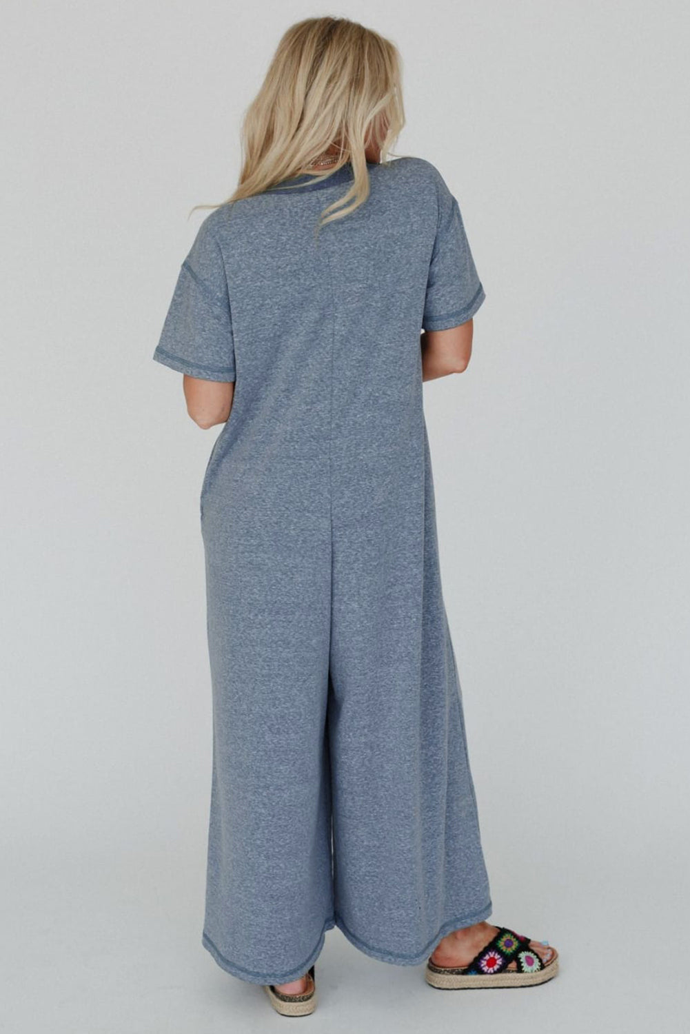 Beau Blue Patchwork Pocket Short Sleeve Jumpsuit Shewin