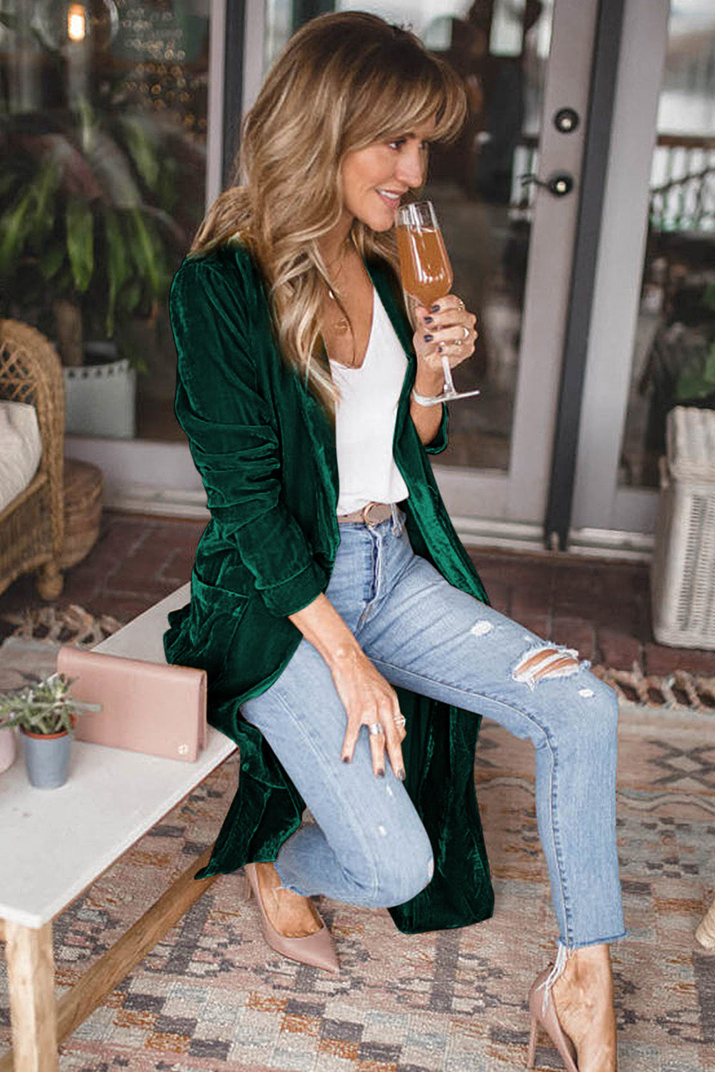 Red Velvet Elegant Open Front Pocket Long Cardigan Shewin