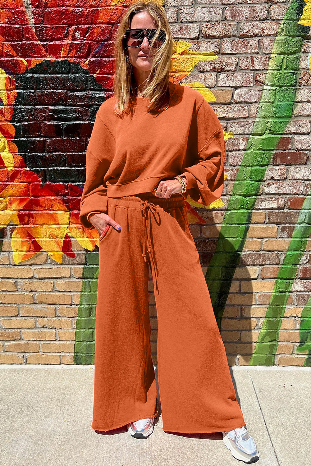 Flamingo Drop Shoulder Crop Pullover Drawstring Wide Leg Pants Set Shewin
