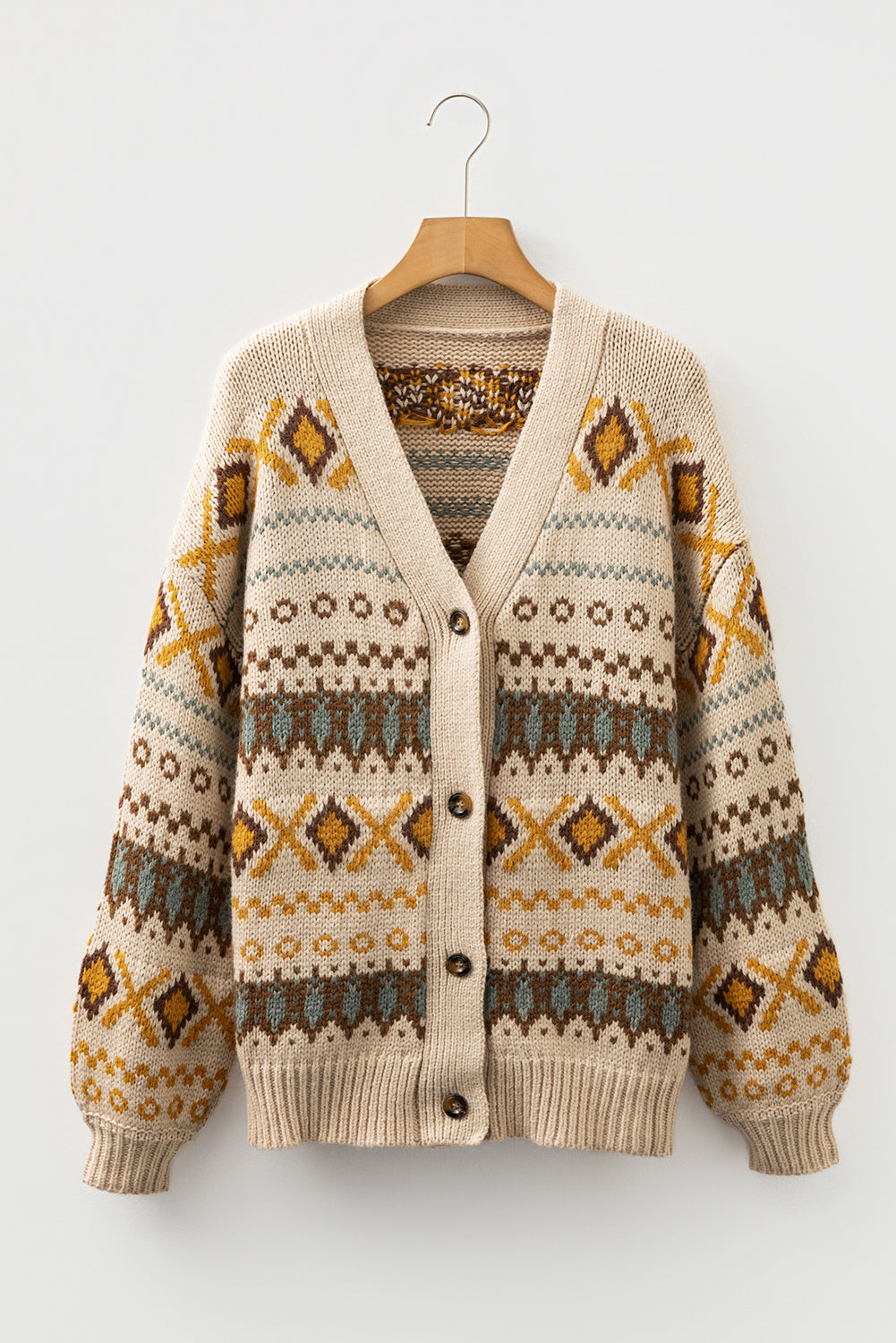 Khaki Geometric Pattern Button V Neck Cardigan Shewin