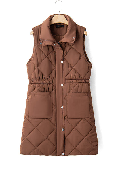 Coffee Puffer Quilted Stand Collar Pocketed Vest Coat Shewin