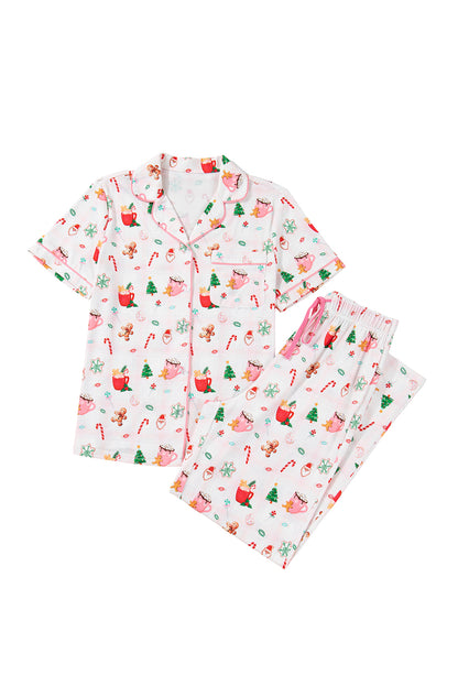 Pink Christmas Spirit Cute Holiday Print Short Sleeve Shirt and Pants Pajama Set