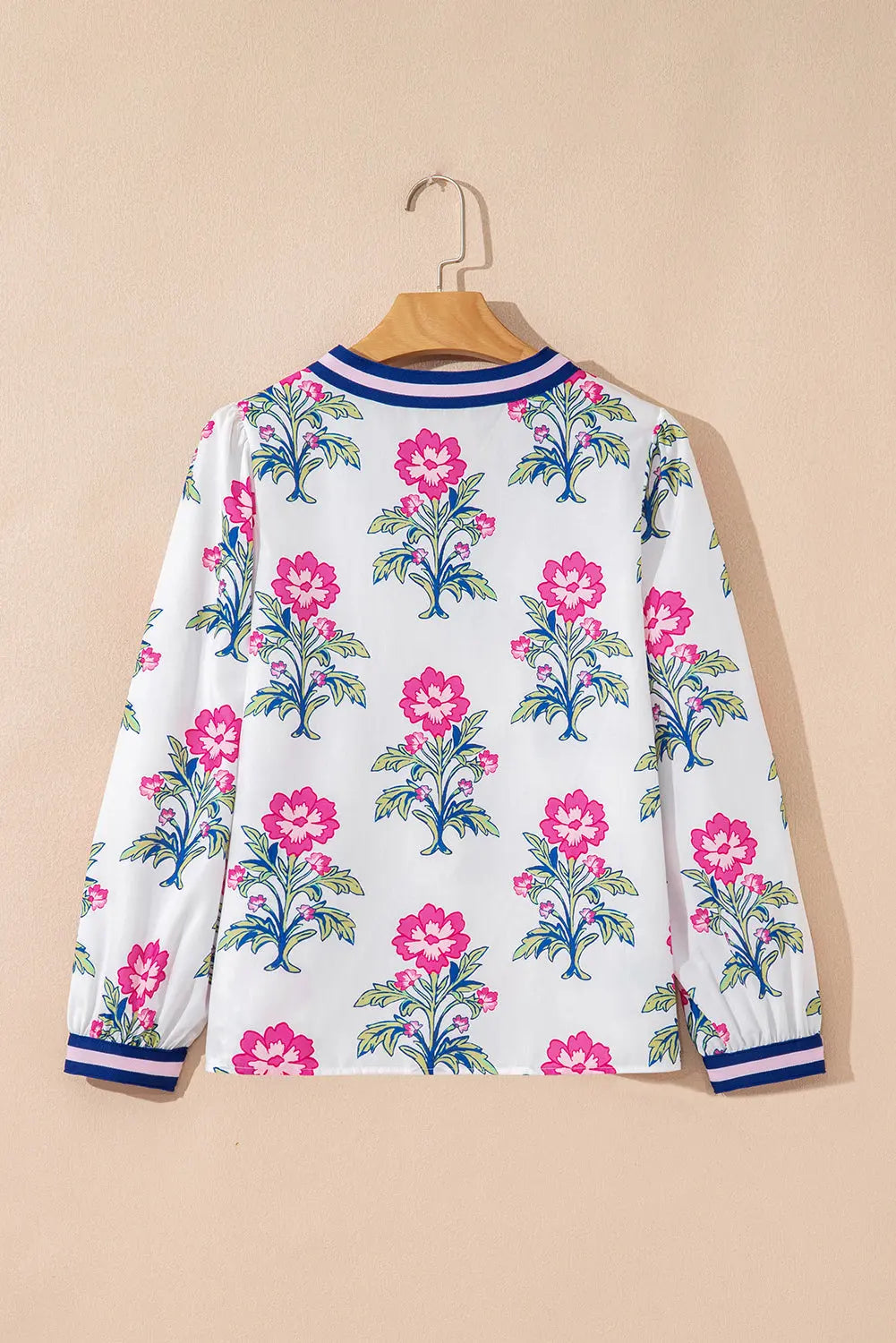 White Floral Print Pop of Color V-neck Long Sleeve Blouse Shewin