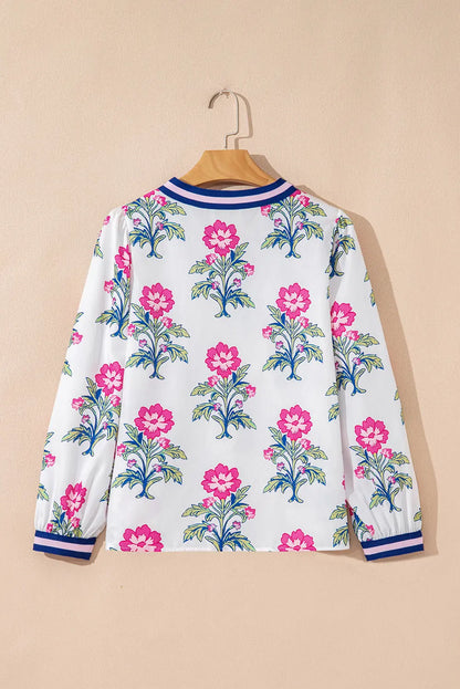 White Floral Print Pop of Color V-neck Long Sleeve Blouse Shewin