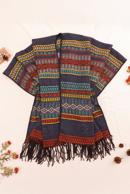 Light Blue Ethnic Print Tassel Trim Shawl Scarf Shewin
