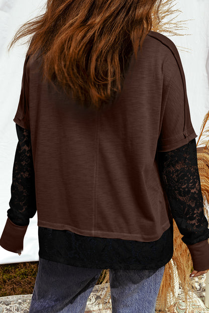 Light French Beige Sheer Lace Patchwork Casual Long Sleeve Tee