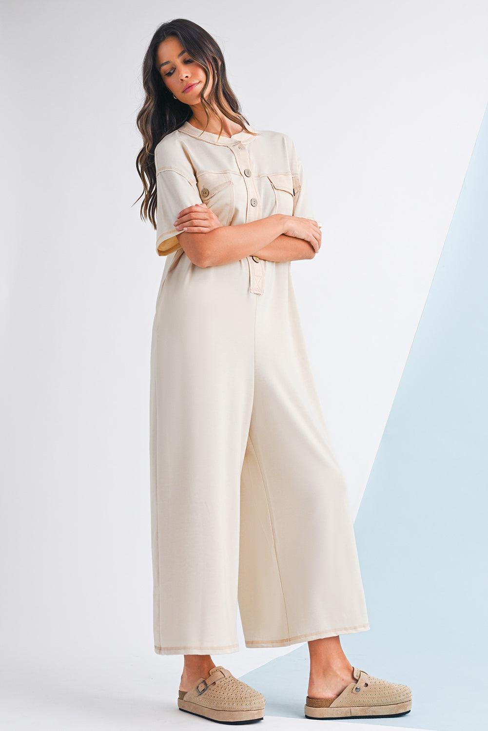 Beau Blue Patchwork Pocket Short Sleeve Jumpsuit Shewin