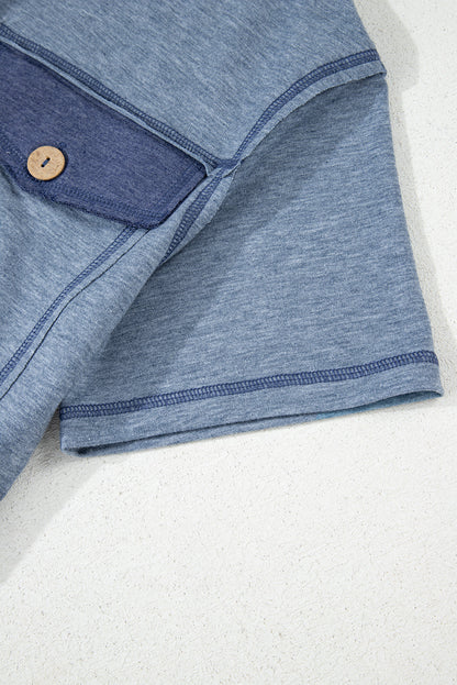 Beau Blue Patchwork Pocket Short Sleeve Jumpsuit Shewin