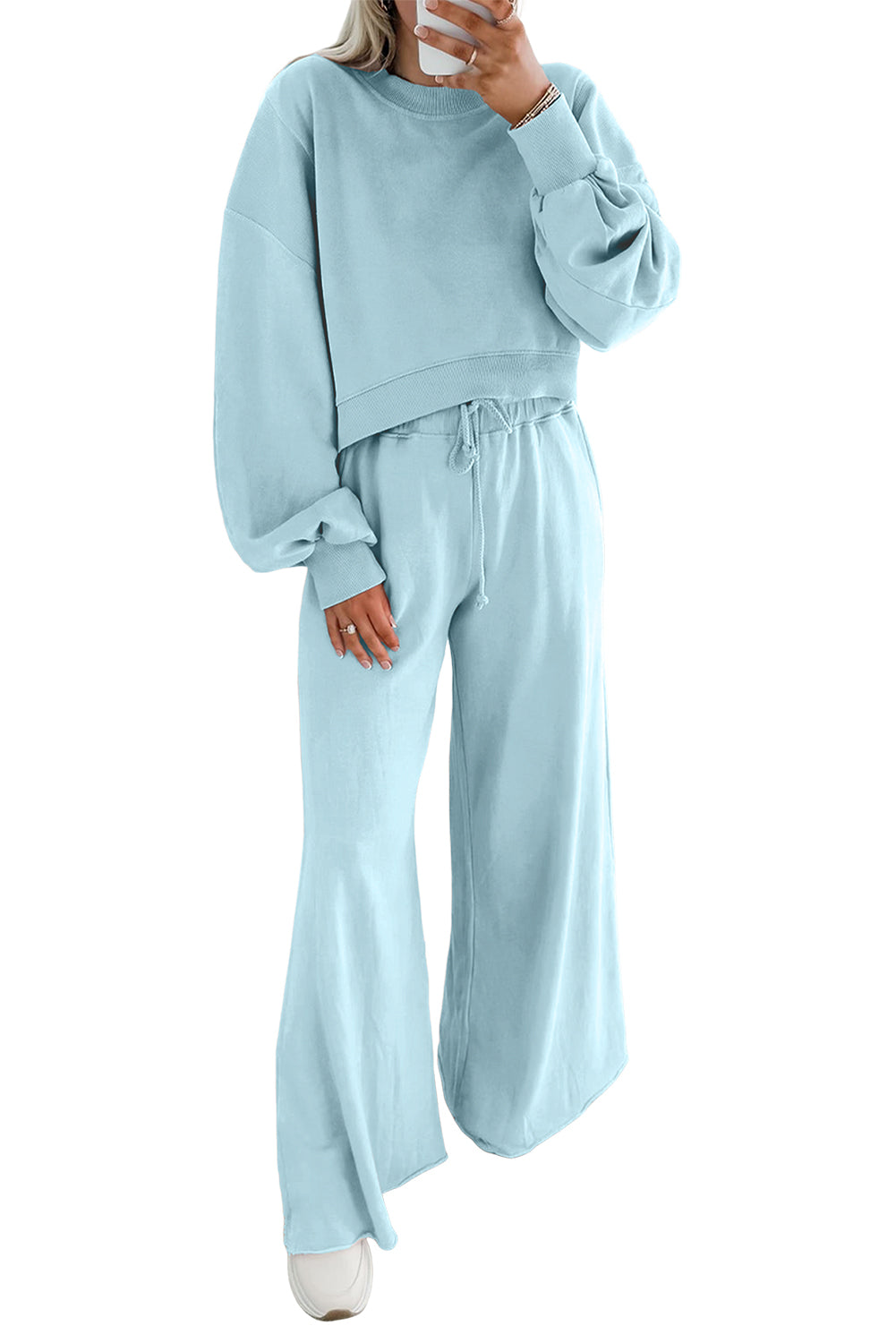 Flamingo Drop Shoulder Crop Pullover Drawstring Wide Leg Pants Set Shewin