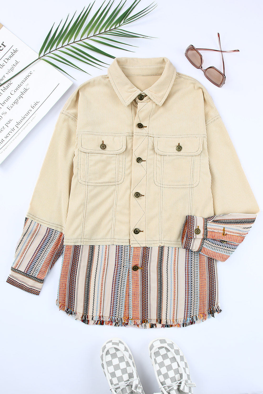 Beige Button Up Pockets Striped Color Block Corduroy Jacket Shewin
