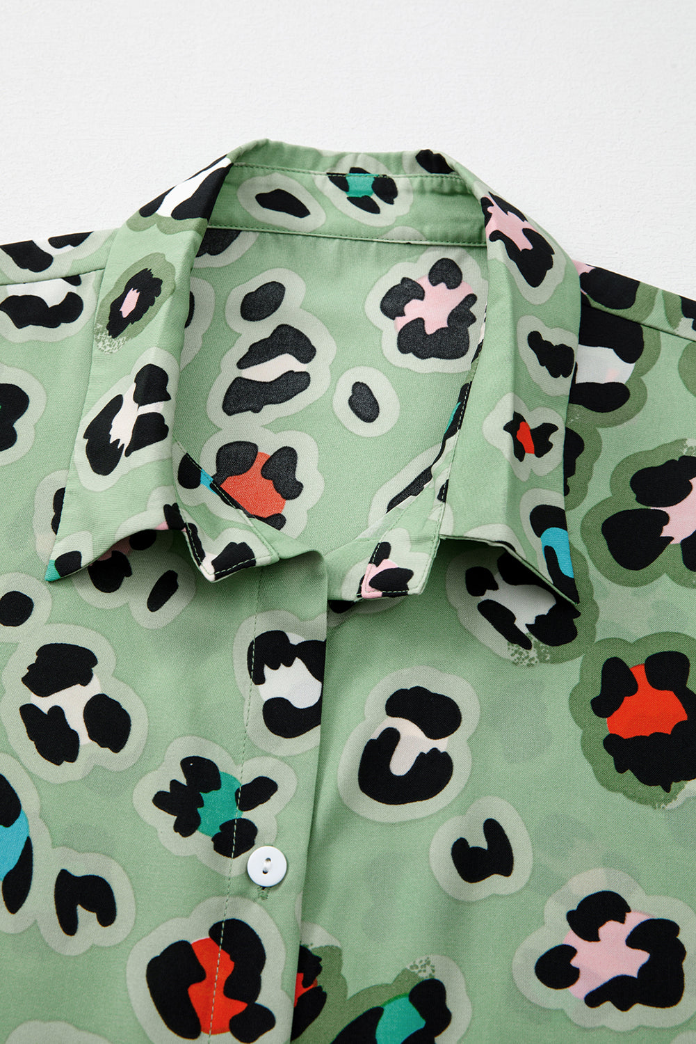 Green Leopard Print Short Sleeve Shirt and Wide Leg Pants Set Shewin