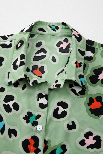 Green Leopard Print Short Sleeve Shirt and Wide Leg Pants Set Shewin