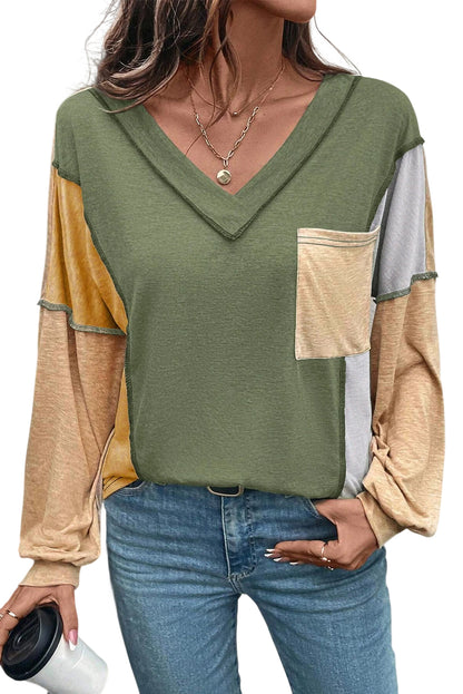 Jungle Green Exposed Stitching Colorblock V Neck Long Sleeve Top