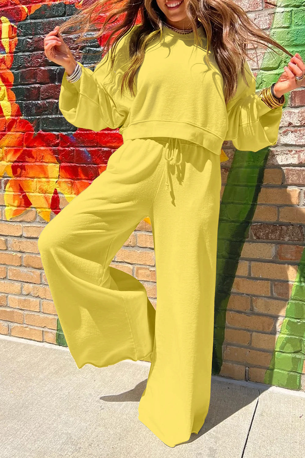 Flamingo Drop Shoulder Crop Pullover Drawstring Wide Leg Pants Set Shewin