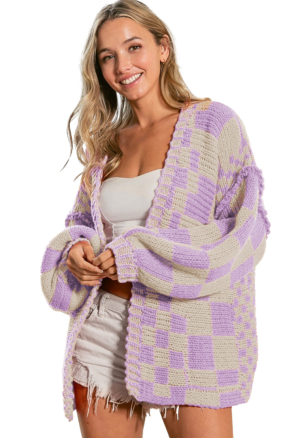 Dark Brown Colorblock Checked Loose Fit Open Front Knitted Cardigan Shewin