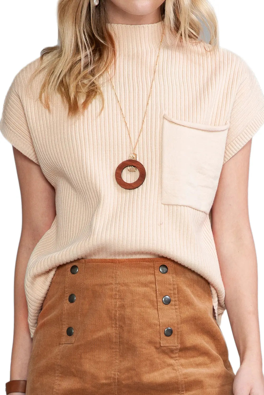 Gold Flame Patch Pocket Ribbed Knit Short Sleeve Sweater Shewin