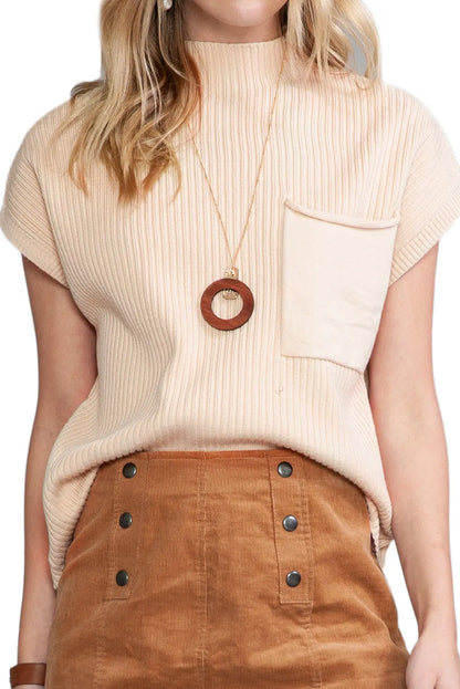 Gold Flame Patch Pocket Ribbed Knit Short Sleeve Sweater Shewin