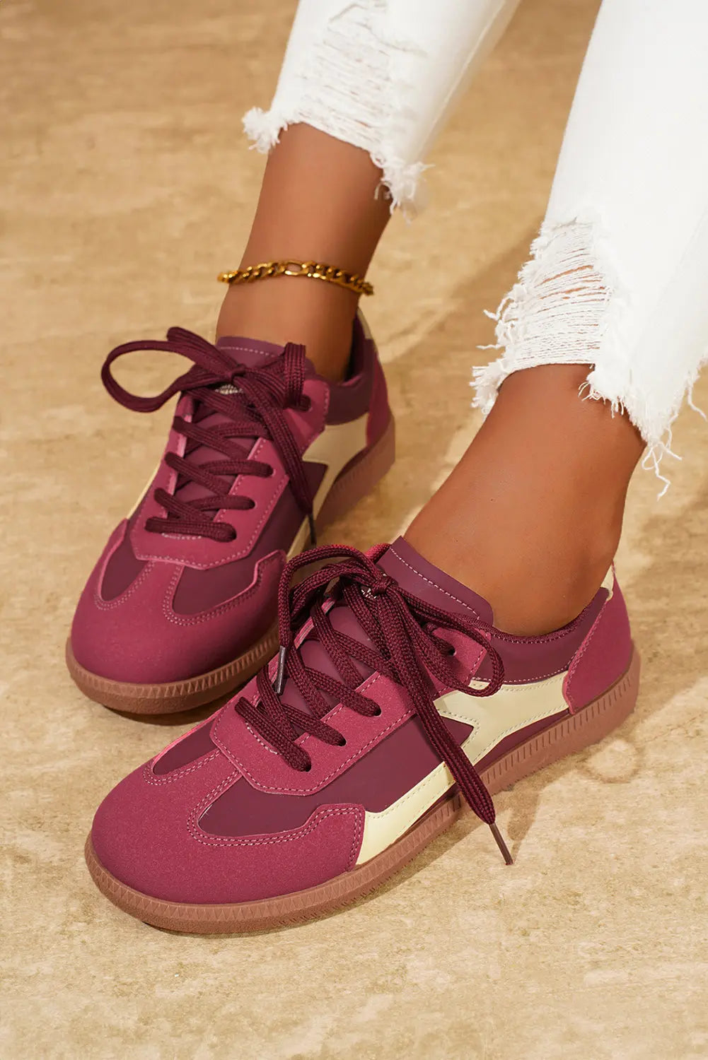 Fiery Red Stitched Colorblock Casual Lace-Up Sneakers Shewin