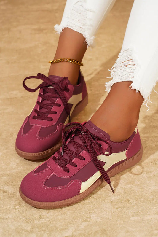 Fiery Red Stitched Colorblock Casual Lace-Up Sneakers Shewin